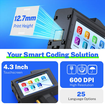 0.5 Inches Print Height Intelligent Handheld Inkjet Printer Lasts 16H Weighs Only 390g for Batch Code Date Lot Number Print on Plastic Carton Wood Metal Glass Aluminum with 42ml Fast Dry Ink (Black)