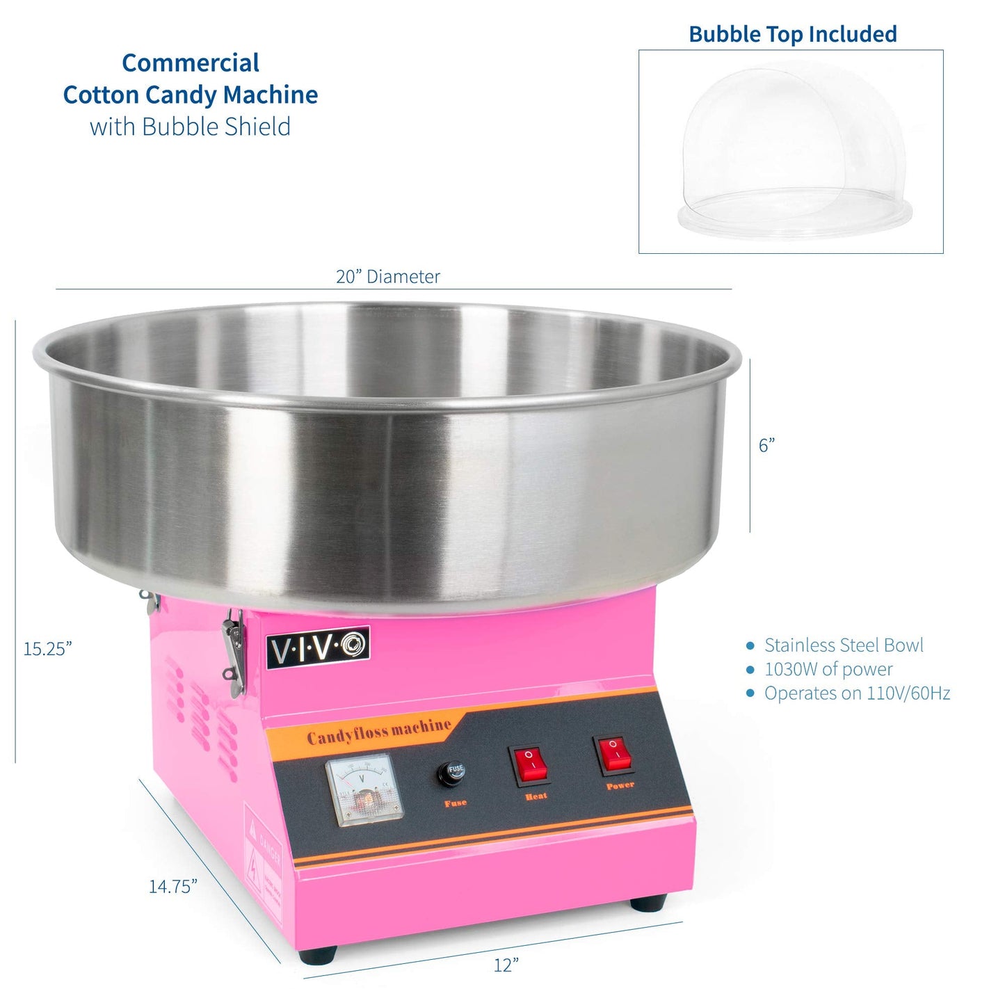 VIVO Pink 1030W Electric Cotton Candy Maker, Commercial Candy Floss Machine with 20 inch Stainless Steel Bowl, Includes Bubble Shield Cover and Sugar Scoop, Easy Home Use, CANDY-KIT-1