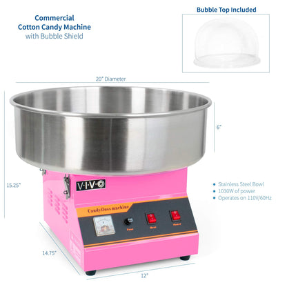 VIVO Pink 1030W Electric Cotton Candy Maker, Commercial Candy Floss Machine with 20 inch Stainless Steel Bowl, Includes Bubble Shield Cover and Sugar Scoop, Easy Home Use, CANDY-KIT-1