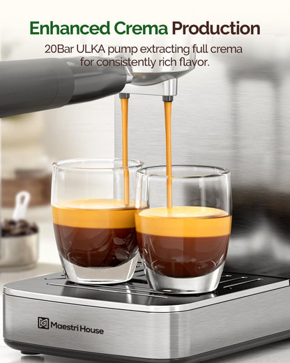 Maestri House Espresso Machine, 20 Bar ULKA Pump, Compact Espresso Maker Built-in Flow Meter Steam Milk Frother, Stainless Steel Coffee Machine for Cappuccino, Latte (Silver)