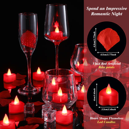 Coume 6000 Pieces Artificial Rose Petal 72 Pieces LED Tealights Candle, Romantic Decorations Special Night Rose Petal Heart Candle for Valentines Wedding Anniversary Proposal Decor(Red Light)