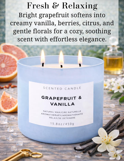 Grapefruit Vanilla 3-Wick Soy Candle | 15.8 oz Large Scented Candle for Home | Highly Scented Aromatherapy Candle for Women | Luxury Citrus Vanilla Candle Gift | Clean Burn Long Lasting