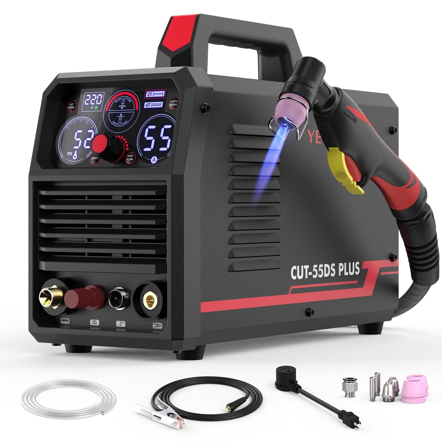 YESWELDER CUT-55DS PLUS Plasma Cutter, 55Amp Non-Touch Pilot Arc Air Power, 2-In-1 Plate Cutting/Grid Cutting Large Digital Display 110/220V Dual Voltage IGBT Inverter Plasma Cutting Machine