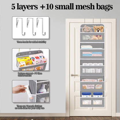 KYEVIS Over The Door Organizer, 5 Shelves Closet Door Hanging Organizer with 10 Mesh Pockets, Nursery Closet Organizer, Baby Essentials, Dorm Room Essentials for Girls