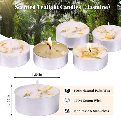 Jasmine Scented Tealight Candles 16 Pack - 4-Hour Palm Wax White Tea Lights, Plant Dried Flower Scented Tea Candle (Paraffin-Free), Votive Candles for Home/Yoga/Bath/Meditation