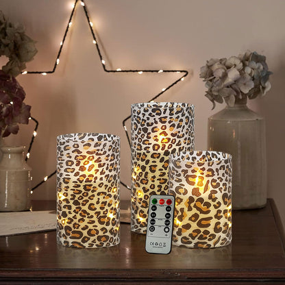 NjaoHoo Flickering Flameless Candles, Recessed String Light LED Candles 3D Wick Acrylic Battery Operated LED Pillar Candles with Remote and Timer for Modern Simple Home Decor Set of 3(Leopard)