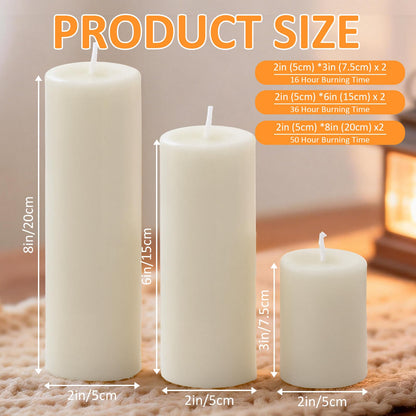 Trxvxo White Pillar Candles, 6-Pack Bulk Set in 3 Sizes (3, 6 & 8 Inch - 2 Each). Dripless, Unscented & Smokeless Hurricane Candles for Weddings, Parties & Home Decor.