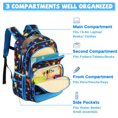 VASCHY Kids School Backpack Lunch Box Bag Pencil Case Combo, Children BookBag Schoolbag Set for Preschool/Kindergarten/Elementry School Supplies Boys Girls Black Dinosaurs