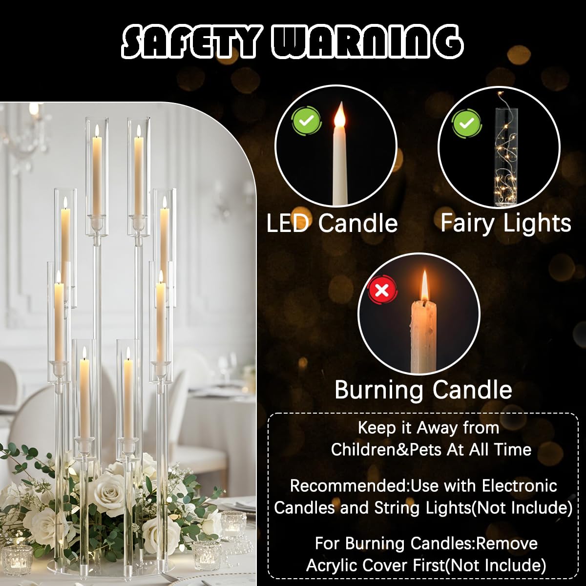 2PCS Acrylic Candelabra Centerpieces,Tall Clear Floor Candelabra for Wedding 8 Arm Candle Holder with Acrylic Shade Circular Base for Party Table Decoration Fit 0.87 LED Candle