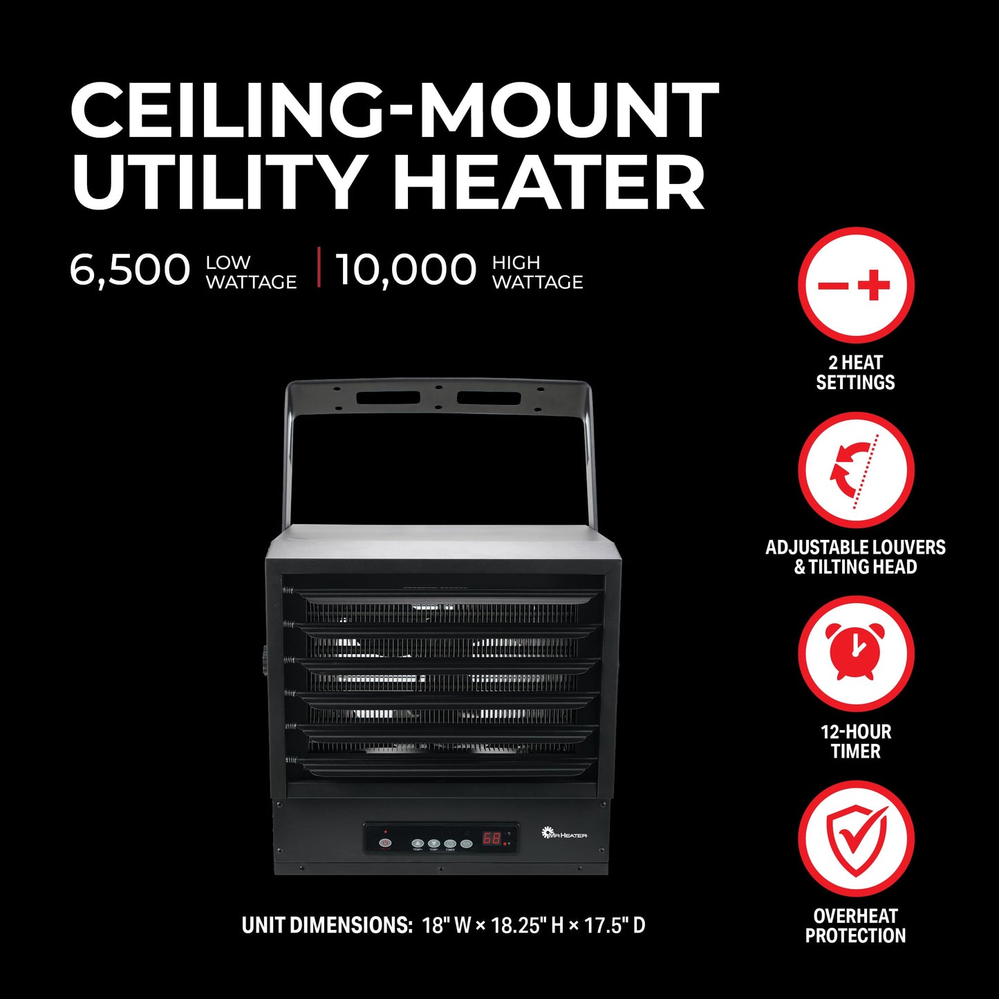 10,000/6,500W 240V Ceiling Mount Garage Utility Heater