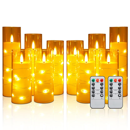 Enido 10 Pc Flameless LED Candles with Remote & Timer, Battery Operated Acrylic Pillar Set, Flickering Electric Lights with Embedded Star String for Cozy Home & Holiday Romantic Decor (Matte Gold)