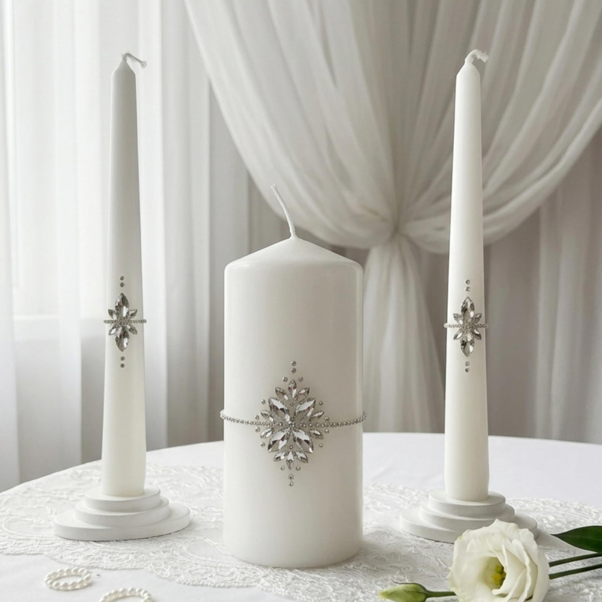 Magik Life Unity Candle Set - Wedding Ceremony & Reception – 6” Pillar & Two 10” Taper Candles – Long Burning Unity Candles for Marriage Ritual – Handmade in USA –White|Cristal|Classic