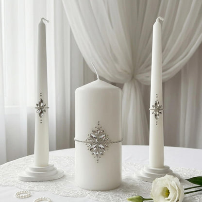 Magik Life Unity Candle Set - Wedding Ceremony & Reception – 6” Pillar & Two 10” Taper Candles – Long Burning Unity Candles for Marriage Ritual – Handmade in USA –White|Cristal|Classic