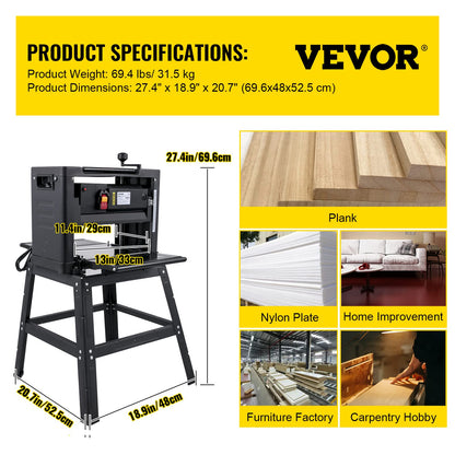 VEVOR Thickness Planer - 13-Inch Benchtop Wood Planer, 2000W, 8000 rpm, 15 AMP, Foldable, 6m/min Planing Speed, Iron Stand, Dust Exhaust for Woodworking