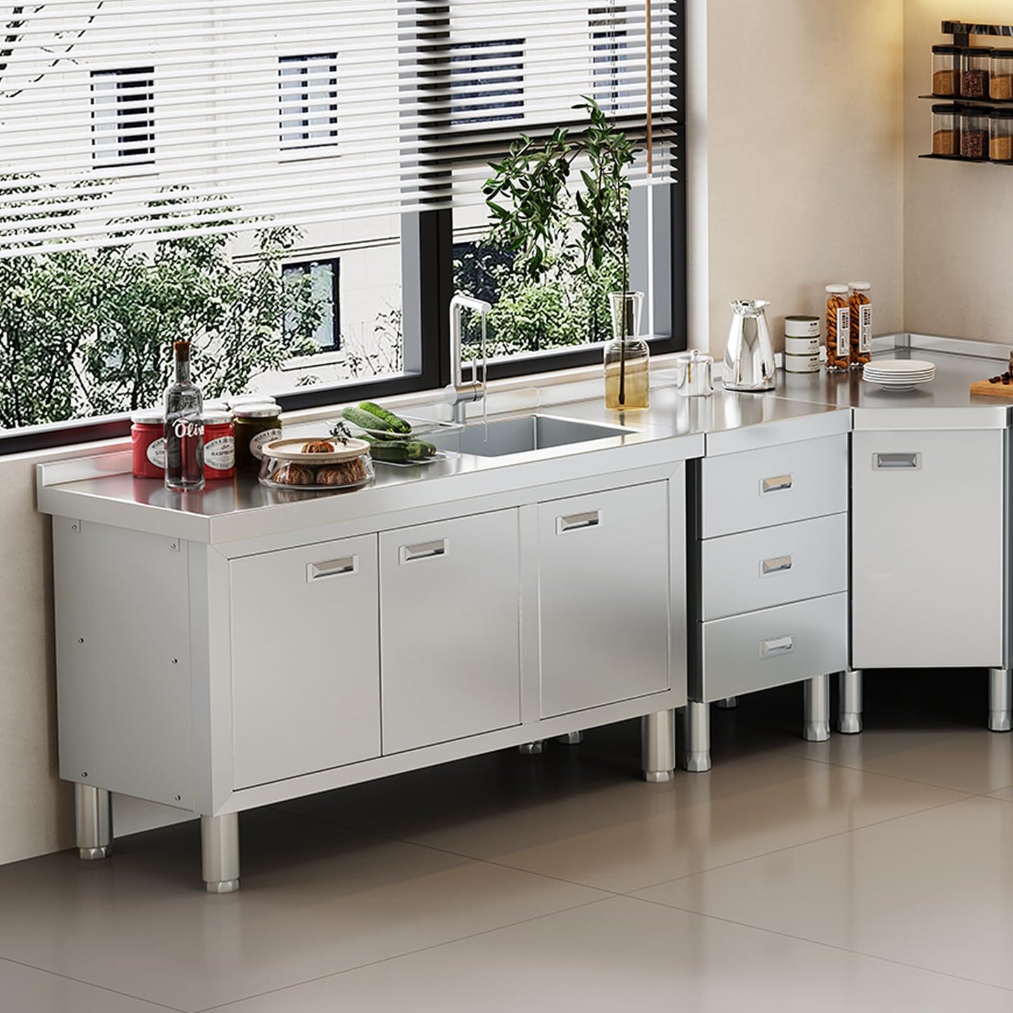 WWK 47" x 21" Stainless Steel Sink with Cabinet, Freestanding Utility Sink Laundry Sink, Heavy Duty Commercial Kitchen Sink for Outdoor, Restaurant, Hotel, Cafe, and Garage, 21D x 47W x 35H inches