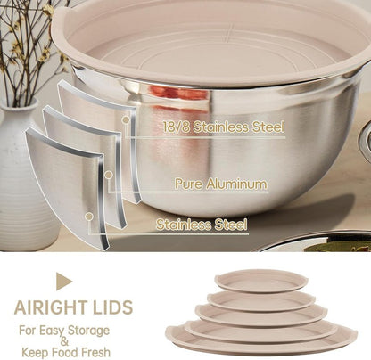 WEPSEN Mixing Bowls Set, 25PCS Khaki Mixing Bowls With Lids Set Stainless Steel Kitchen Large Nesting Metal Bowl 7QT to 1.5QT, Measuring Cups and Spoons for Prepping Cooking Serving