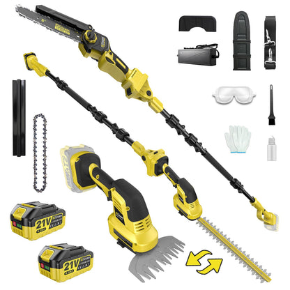6-IN-1 Cordless Pole Saw & Pole Hedge Trimmer, Dual 4.0Ah Batteries, 8" Brushless Pruning Saw& 16" & 6" Electric Hedge Trimmer Grass Shears, Bush Trimmer, 14.8FT Reach Electric Tree Trimming Kit
