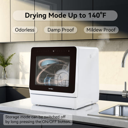 Hermitlux Countertop Dishwasher, 7 Washing Programs Portable Mini Dishwasher with 5-Liter Built-in Water Tank for Apartments & RVs, LED Light, Glass Door, No Hookup Needed