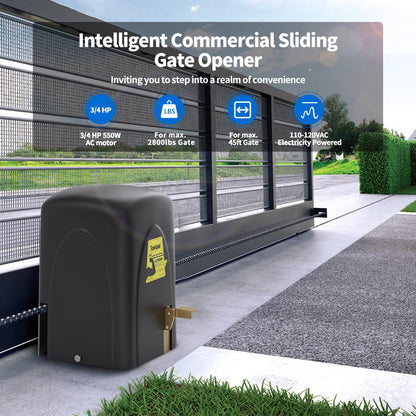 TOPENS LC1100 Automatic Commercial Sliding Gate Opener, Chain Drive Gate Operator for Heavy Driveway Sliding Gate Up to 2800 Pounds, AC Powered with 20ft Roller Chain, 2 Remote Control, Photocell