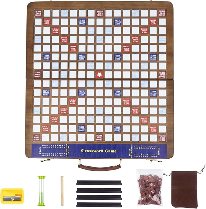 Wooden Folding Crossword Board Game – Word Game Set with 100 Letter Tiles Sand Timer Pencil Racks &amp Bag – Portable Wooden Game for Adults &amp Family