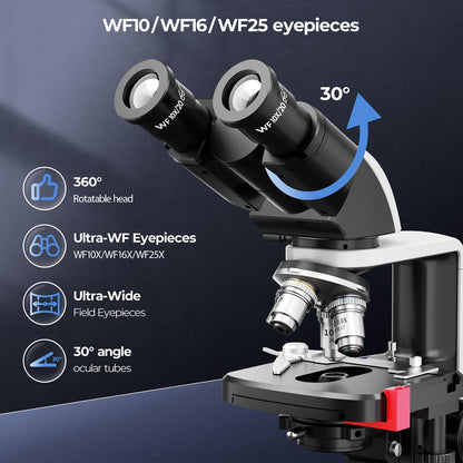 [Dual Power Supply] Vabiooth Lab Compound Binocular Microscope 40X-2500X Magnification, Two-Layer Mechanical Stage, 20mm Ultra Wide-Field 10X 16X and 25X Eyepieces, Dual Power Supply, Abbe Condenser