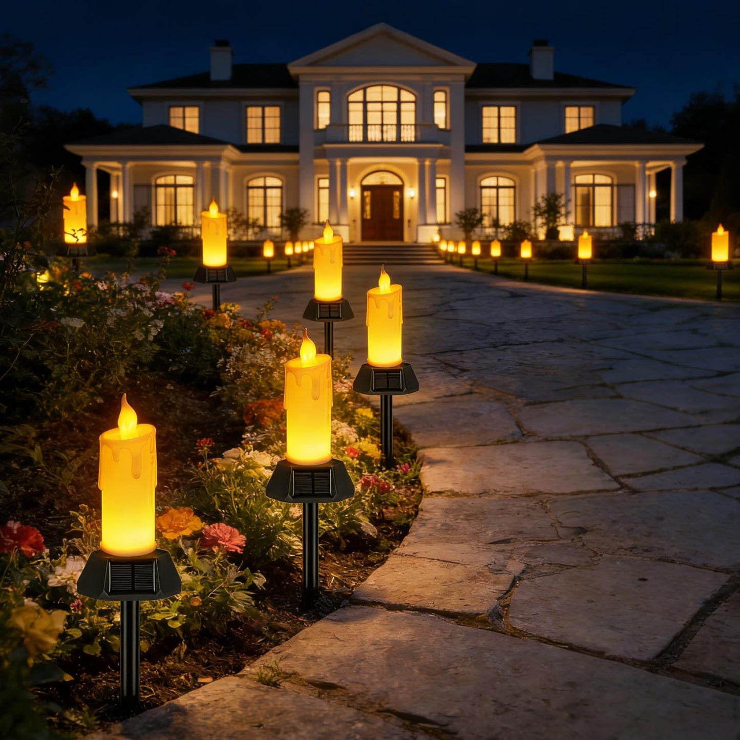 Weddinay Solar Flameless Candles Outdoor Waterproof, Patented Dual-LED Flickering Flame 7" Dripping Wax Pillar with Detachable Stake, 3-Sided Solar Base for Patio, Cemetery (2 Pack)