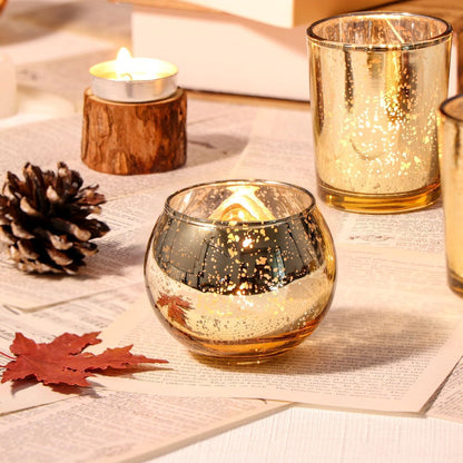 12pcs Gold Round Votive Candle Holders,Glass Gold Mercury Glass Votive Candle Holders Round Tealight for Christmas Decoration, Table Centerpieces, Weddings, Shower Gift