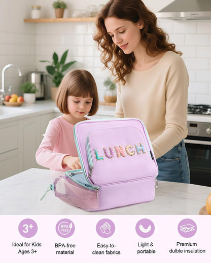Amersun Kids Insulated Lunch Box- Water-Resistant, Reusable Cute Lunch Tote Bag with Water Bottle Holder & Multi-Pocket-Ideal for Ages 3+ Girls,School,Travel-Light Purple