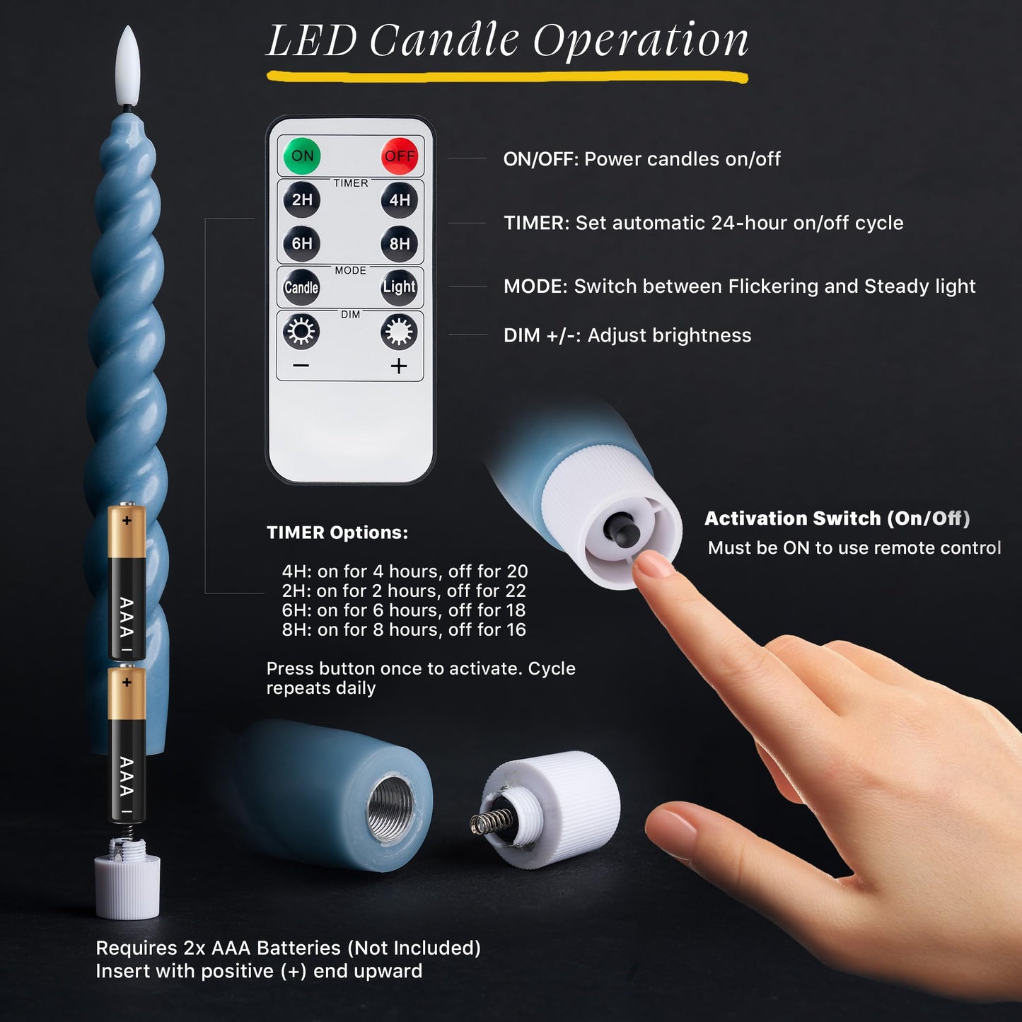 WYZworks 10" Flameless LED Taper Candles – Full Twisted Spiral – Dusty Blue, Set of 6 – Remote, 2/4/6/8-Hr Timer (24-hr Memory), Bottom On/Off Button, Dimmable, Battery Operated, Flicker/Steady