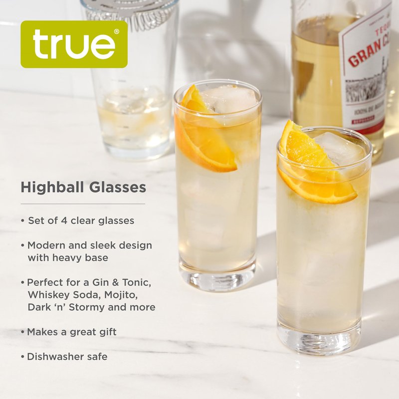 True Highball Glasses, Tall Glass Tumbler for Cocktails, Mojito Iced Tea Juices, Soda Water Drinking Cups, Kitchen Glassware, Home Bar, 11 oz Set of 4