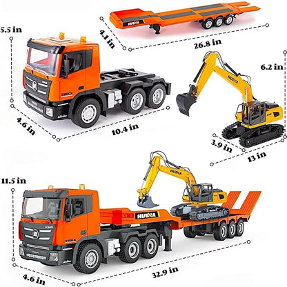 RC Semi Truck &amp RC Excavator Set 1:24 Scale Remote Control Flatbed Truck with Detachable Trailer 2.4GHz RC Semi-Trailer Construction Vehicle with Sound and Light