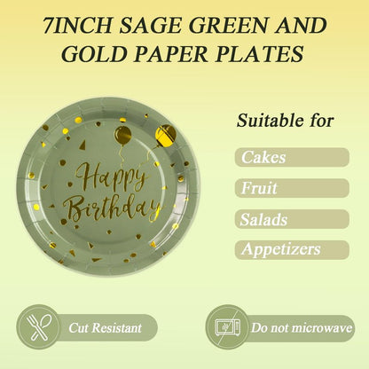 72PCS Happy Birthday Paper Plates - Sage Green and Gold Tableware Set Include 7Inch Paper Plates 6.5 Inch Napkins and 6.3 Inch Forks Disposable Decoration Supplies for Birthday Party,Serve 24