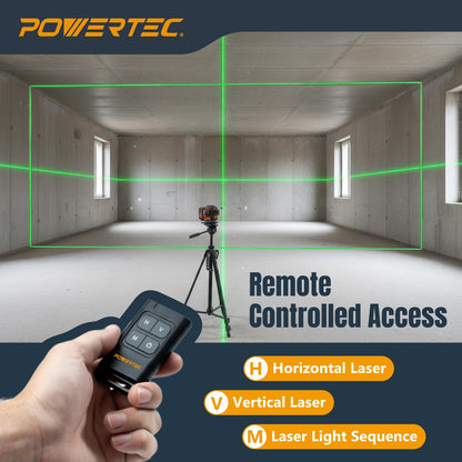 POWERTEC LE3360V 3×360° Laser Level, Self-Leveling with Remote Control & Lift Platform, USB-C Rechargeable – For Construction, Tiling, Framing, Drop Ceilings, Cabinets & DIY Projects
