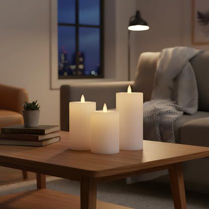 CozierGlow Flameless Pillar Candles Flickering with Remote Timer, Battery Operated LED Candles Up to 400 Hours, 3D Moving Flame Real Wax Candles, Set of 3, D3 x H4, 5", 6",Remote Included(Ivory)
