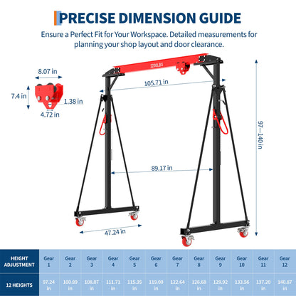 Adjustable Gantry Crane 1 Ton (2200 LBS) with Manual Trolley, Hook and Sling Strap, 12 Locking Positions (97" to 141") with Triangle Base, Portable I-Beam Hoist for Factory, Warehouse, Auto Repair