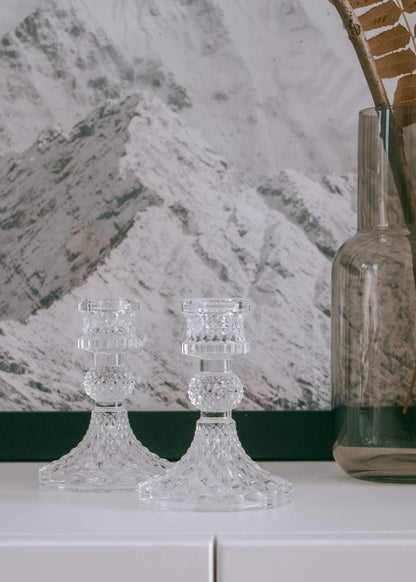 Taper Candle Holders Set of 2, Clear Glass Candlestick Holder Fit 0.8 Inch Candles, 4 Inch Tall Crystal Decorative Candle Stand Centerpiece for Table Wedding Dinning Party