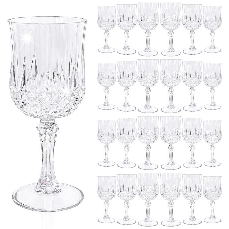 24 Pcs Clear Plastic Wine Glasses, Plastic Goblets for Parties, Vintage Wine Glasses Bulk, Reusable Drinking Glass, Drinkware Cups for Wedding Party Reception Event Supplies