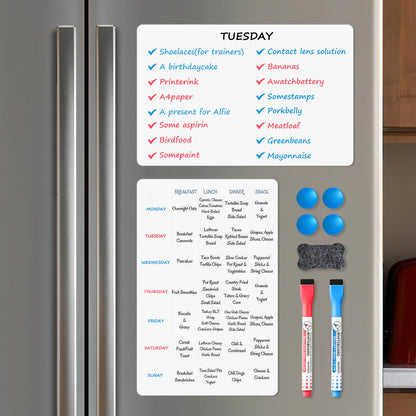 Magnetic Whiteboard for Fridge, 20" x 13" Dry Erase Board Set with Markers & Eraser, Strong Magnet & Stain-Resistant Surface, Fridge Calendar for Notes, Grocery List, Meal Planning & Family Schedule
