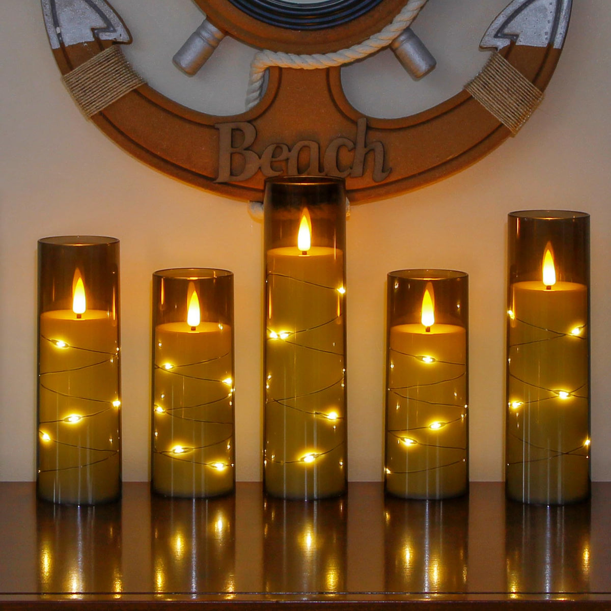 Yeelida Grey Flameless Candles with Remote and String Light, 2.2"x 5",5",6",7",7",8" LED Battery Operated Plastic Flickering Timer Pillar(Pack of 6,Turn On/Off String Light Mode)