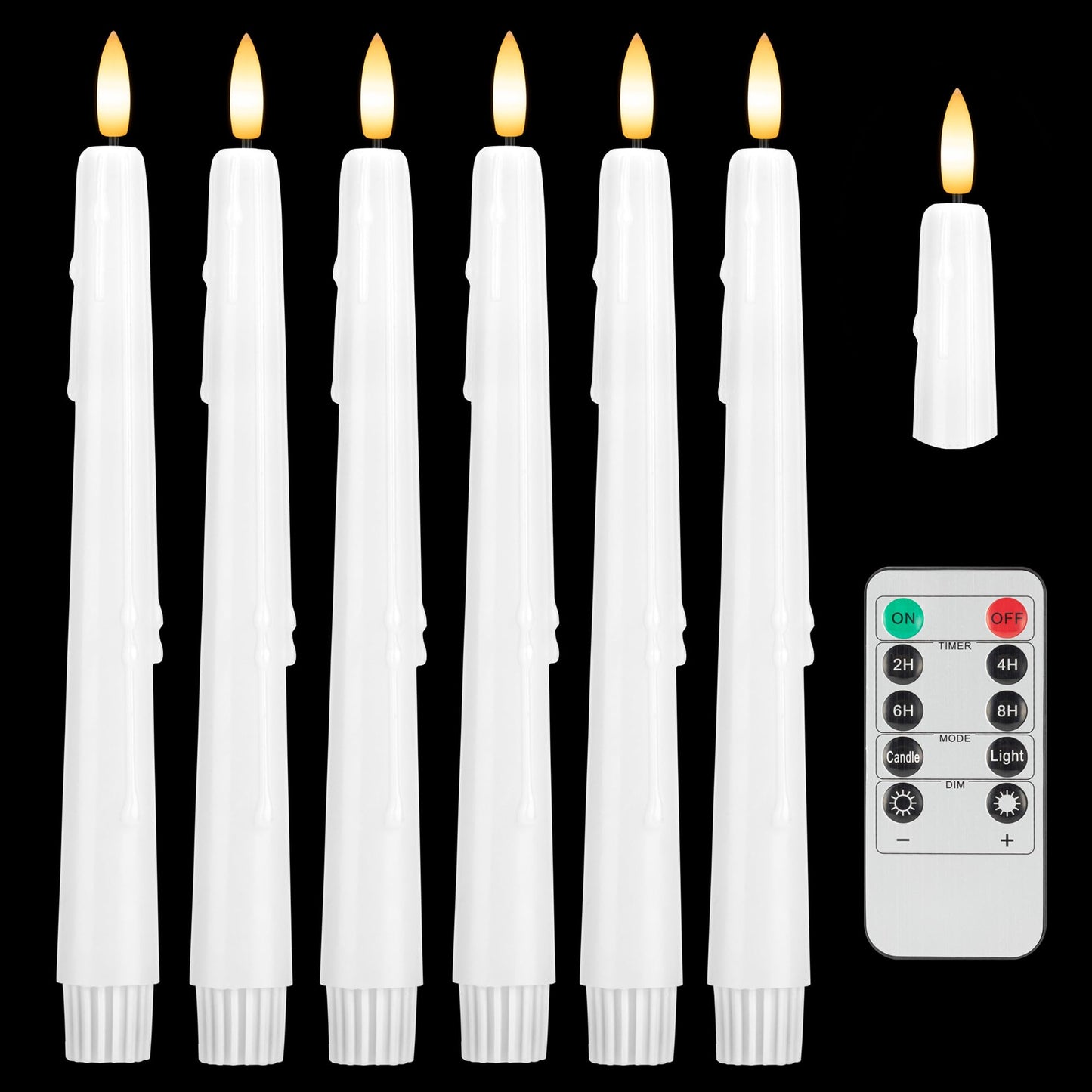 SEHNSY Dripless Flameless Taper Candles 9.6", Battery Operated LED Candles with Remote and Timer, Unique Candlesticks with 3D Flame for Wedding Decor, 6 Pack White