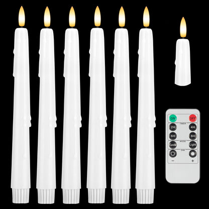 SEHNSY Dripless Flameless Taper Candles 9.6", Battery Operated LED Candles with Remote and Timer, Unique Candlesticks with 3D Flame for Wedding Decor, 6 Pack White