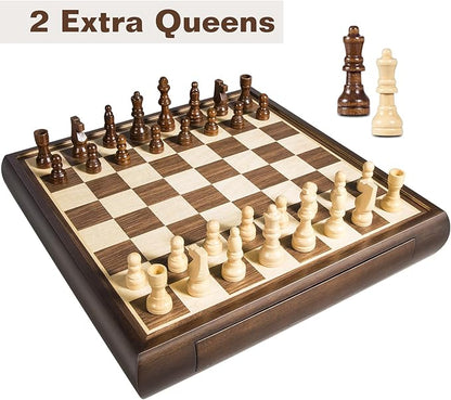 2 in 1 Magnetic Chess Set &amp Chinese Checkers 13 Wooden Board Game with Storage Drawer and 60 Glass Marbles + Bonus 12 Spare &amp 2 Extra Queensfor Kids and Adults