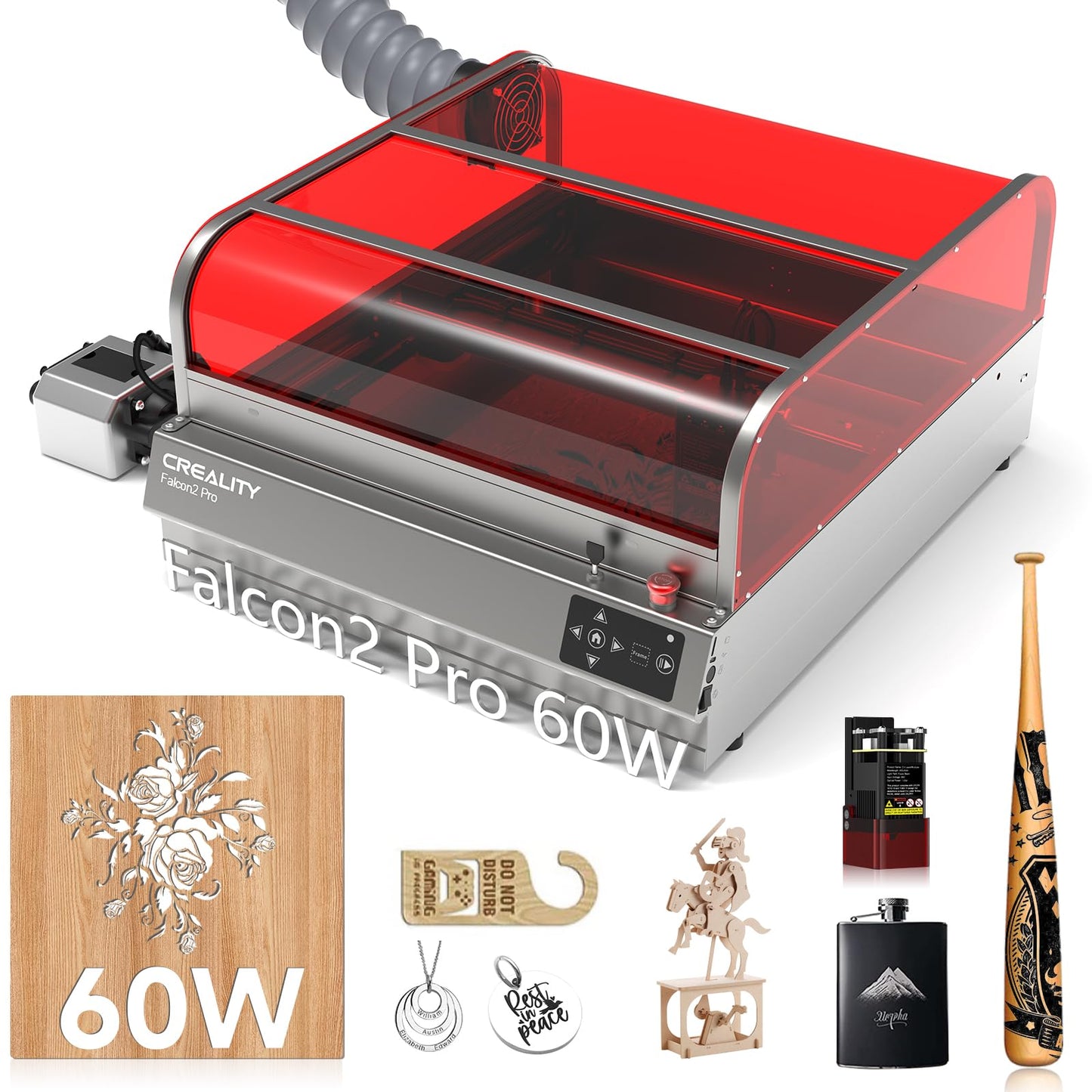 Creality Falcon2 Pro 60W Laser Engraver, Enclosed Laser Cutter with Air Assist, 3-in-1 Laser Module, HD Camera Positioning, Auto Fan, Class 1 Safety Laser Engravering Machine for Wood and Metal