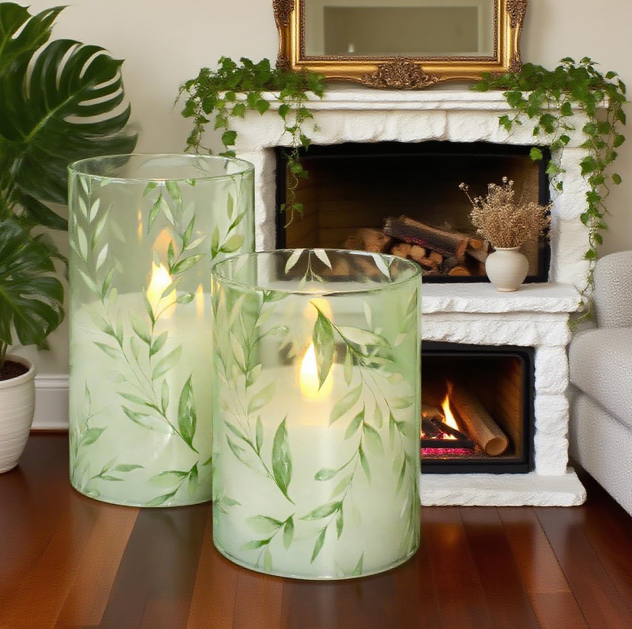 Silverstro Green Flameless Candles with Remote Control - Willow Leaf Design Battery Operated Candles - Elegant Home Christmas Spring Summer Decor Set of 3