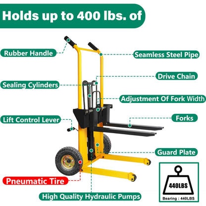 Foldable Hydraulic Material Lift Dolly, Pallet Stacker, 440lbs Capacity, Removable Steel Platform & Fork Arms, with Pneumatic Tire, Winch Stacker (440 lb. Steam Tire Wheel)