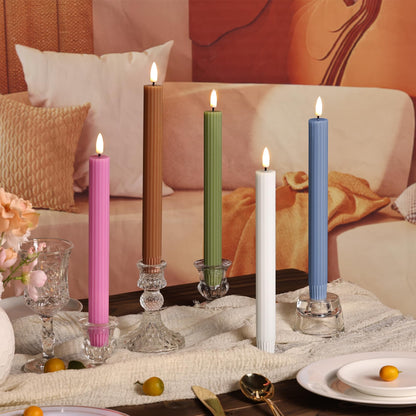 Girimax Brown Ribbed Fluted Flameless Taper Candles with Remote, Flickering Battery LED Wax Candlesticks Wedding Table Decor Set of 4