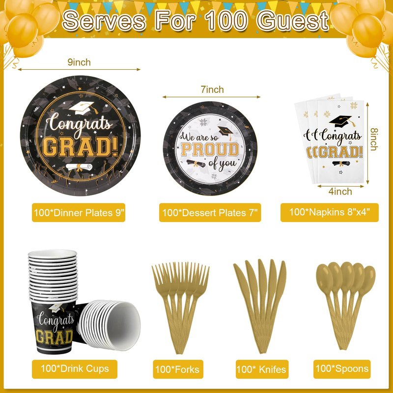 Graduation Party Supplies Congrats Grad Plates and Napkins Set Disposable Tableware Paper Plates Napkins Cup Knive Spoon Fork Straw for Class of 2026 Graduation Party Decorations Serve 100(Black Gold)