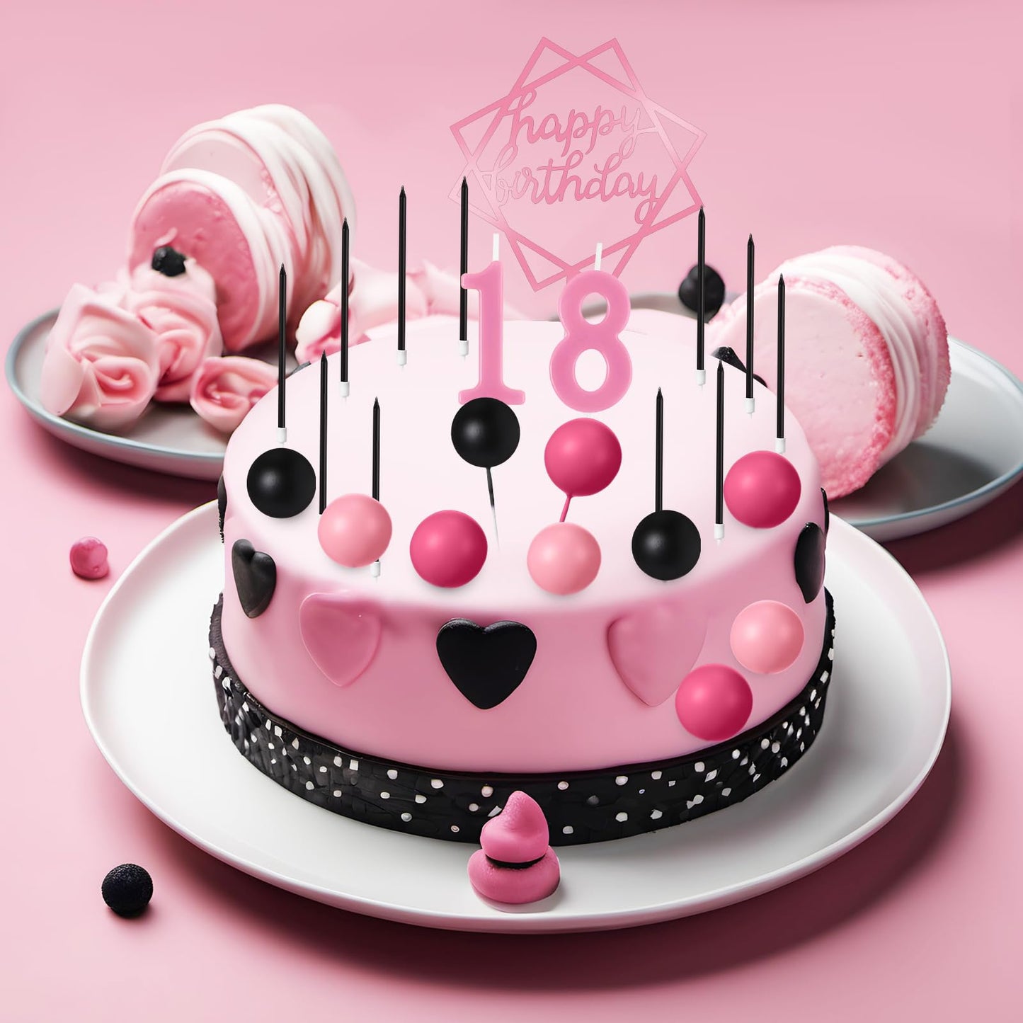 Yerliker 34 Pcs Happy Birthday Cake Toppers Decorations Birthday Candles DIY Cake Decor for Men Women Wedding Anniversary(Black Pink Rose Red)