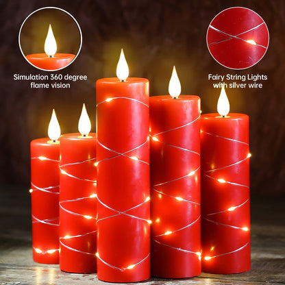Upinmz Red Flameless Candle with Remote Control and Timer,Flickering Battery Operated Candles with String Lights,LED Pillar Candles,Set of 5