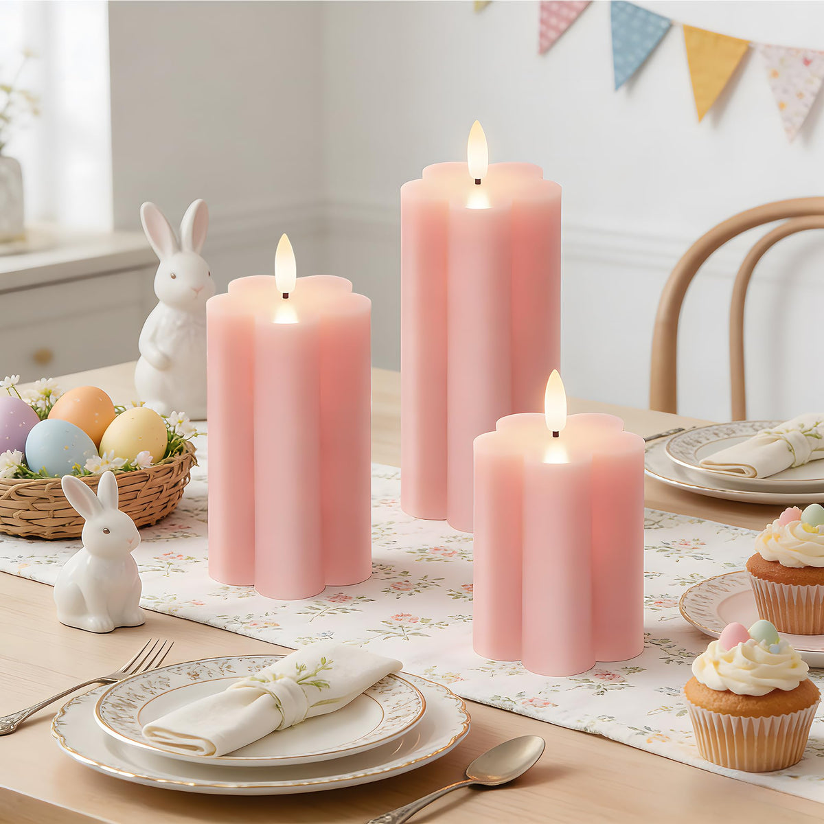 Velsyn Pink Flower Flameless Candles with Remote and Timer Real Wax Made LED Pillar Candles Battery Operated with 3D Flickering Flame Indoor Use Spring Decor, 3" x 4",5",6", Set of 3